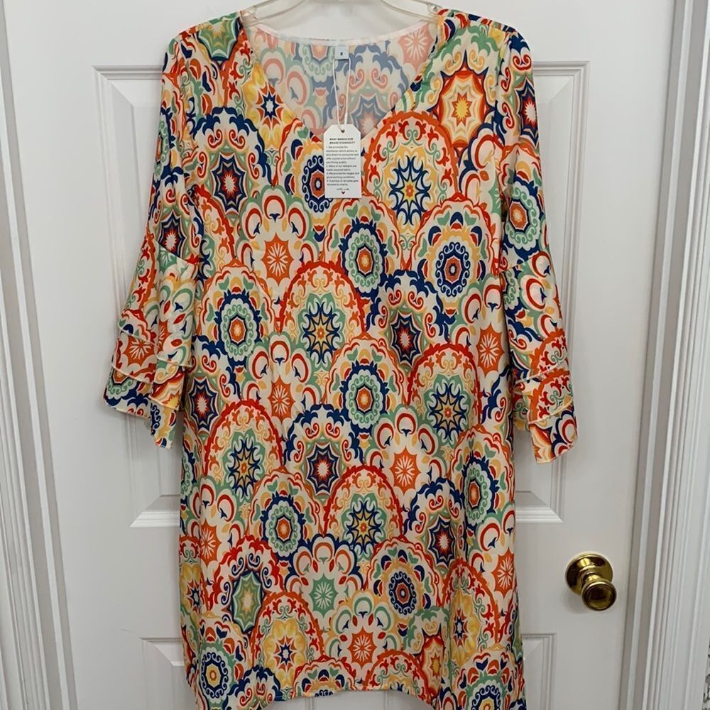 Made with Love Size Small multicolor dress with three tier ruffle sleeves